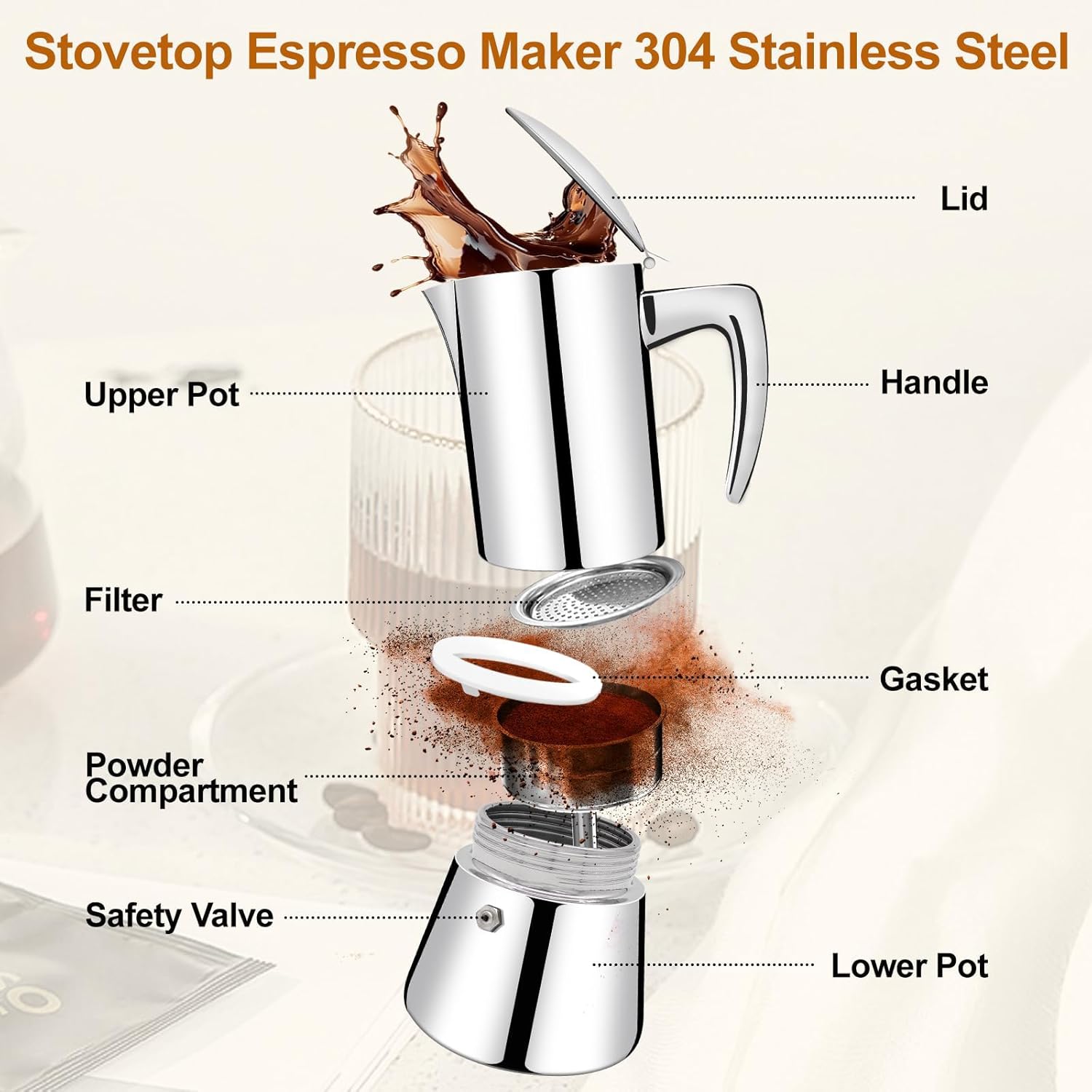 Espresso Maker Stovetop Coffee Stainless Steels Brewer with Handle & Knob Pots Portable Espresso Coffee Tool
