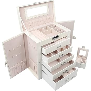Amazon Com Anwbroad 6 Tier Huge Jewelry Box Jewelry Organizer Box Display Storage Case Holder With Lock Mirror Girls Jewelry Box For Earrings Rings Necklaces Bracelets Earrings Gift Grey Faux Leather Ujjb004h Home