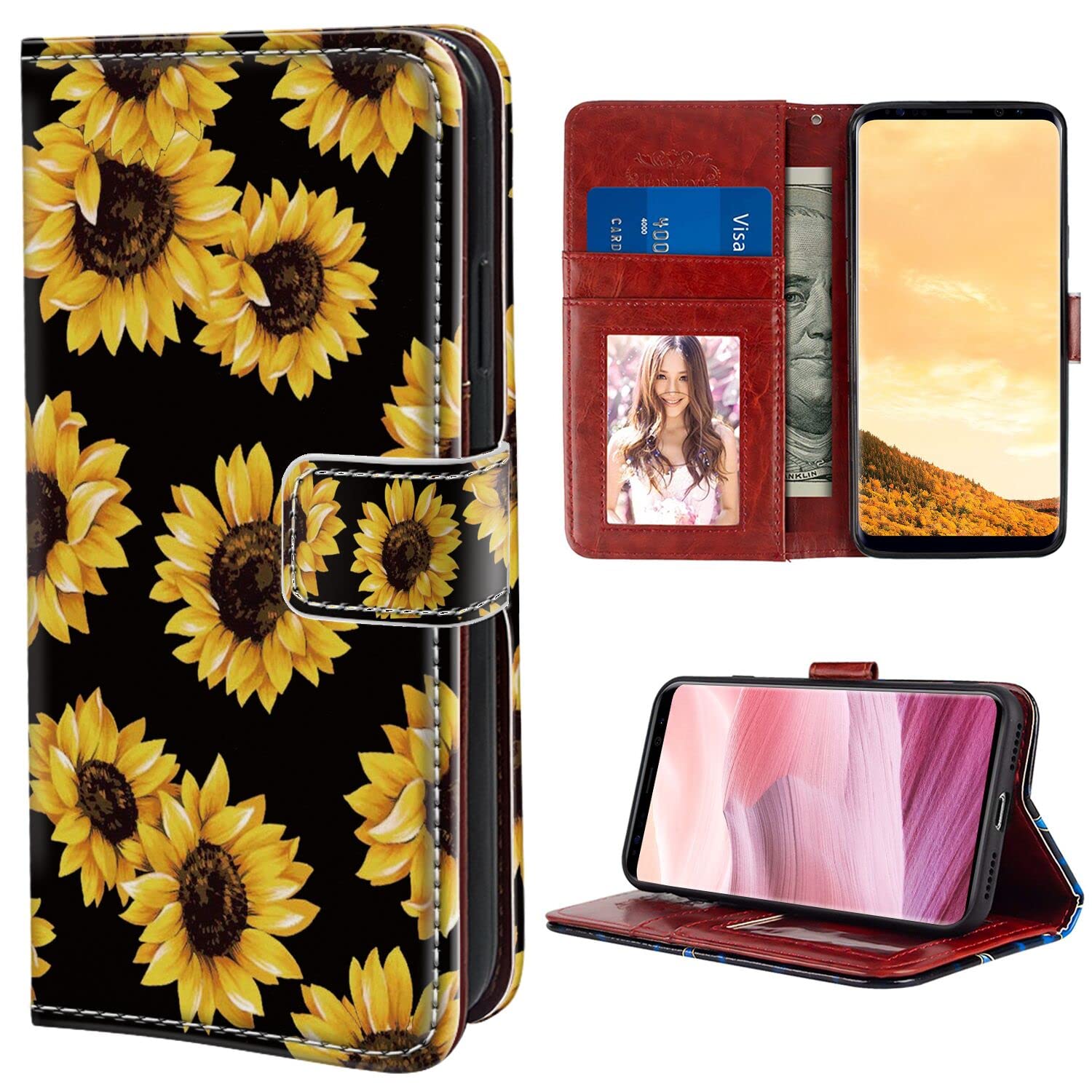 GoMars Wallet Case for iPhone 11 (2019) (6.1") Sunflower Wrist Strap Standable Kickstand PU Leather Card Holder Wallet Case for iPhone 11
