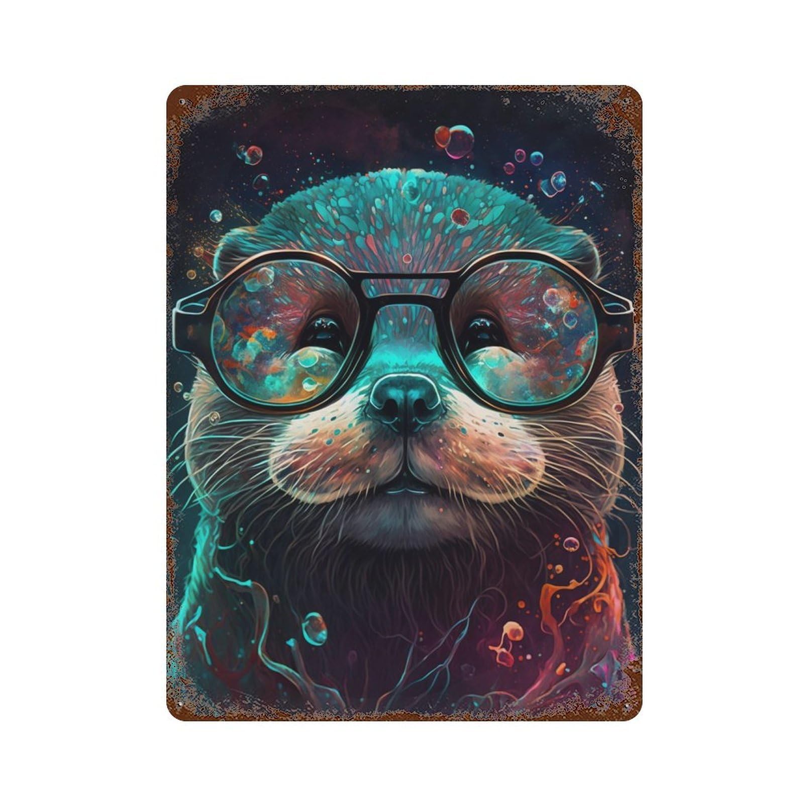 Colorful Otter with Glasses 15.7"x11.8" Weathered Tin Sign, Rustic Home Decor for Living Room, Hallway And Home Decor