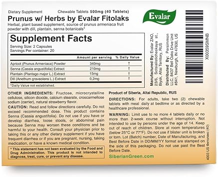 Apricot Dill Plantain Senna Siberian Herbs by Evalar Fitolaks 40 Tabs