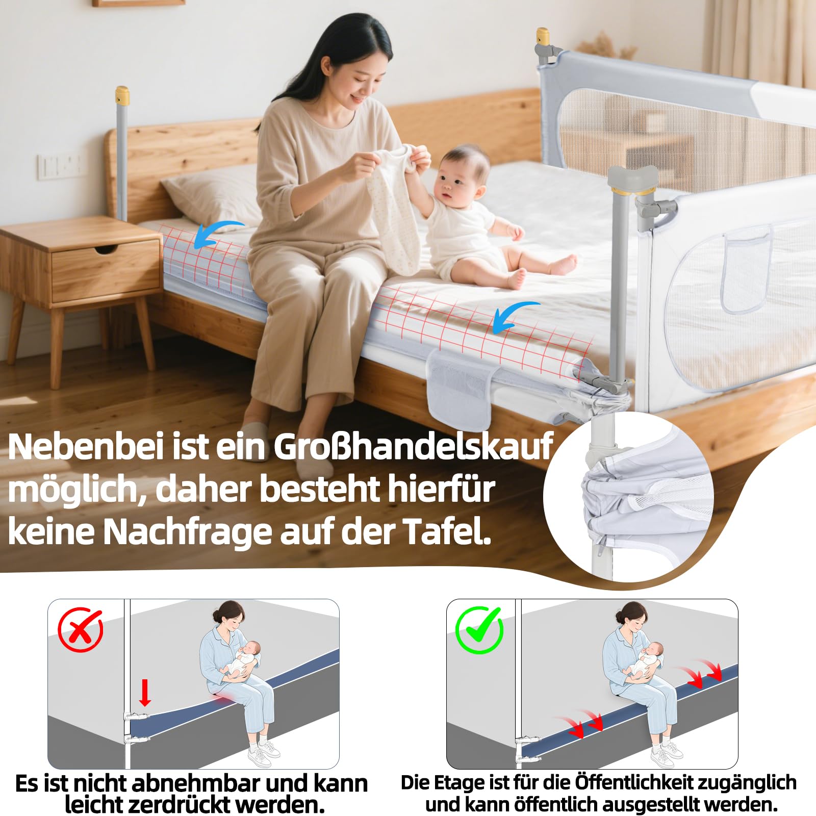 OUUTMEE Griglia di protezione per letto, 200 cm, pieghevole, protezione da caduta, 30 posizioni, regolabile in altezza, motivo a blocchi di colore grigio e bianco