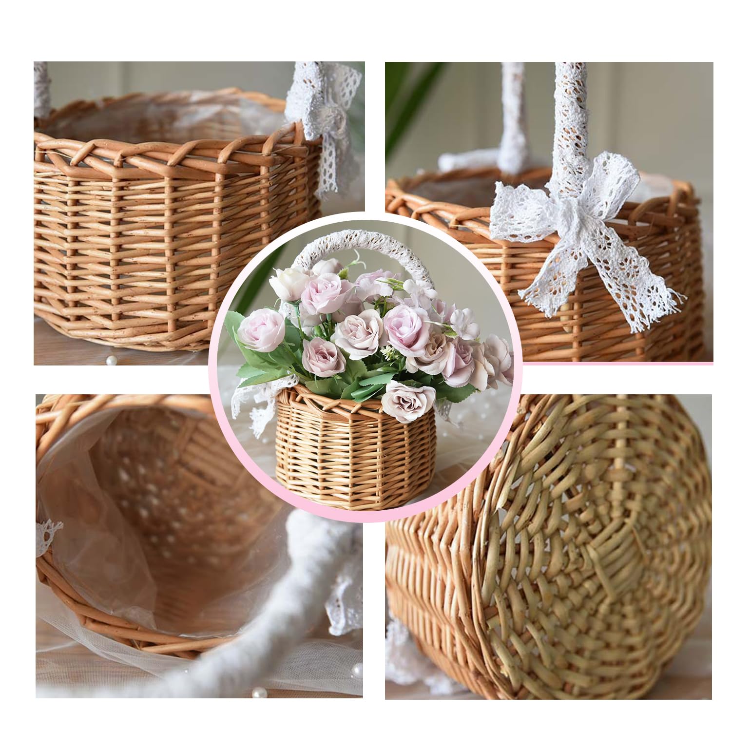 2 Pezzi Cestino Vimini Con Manico, Cesto Per Bomboniere, Mini Cestini Di Vimini, Cestino Vimini Intrecciato Con Nastro, Per Fiori In Vimini Cesti Intrecciati Con Nastro Cerimonie (A, Piccolo)
