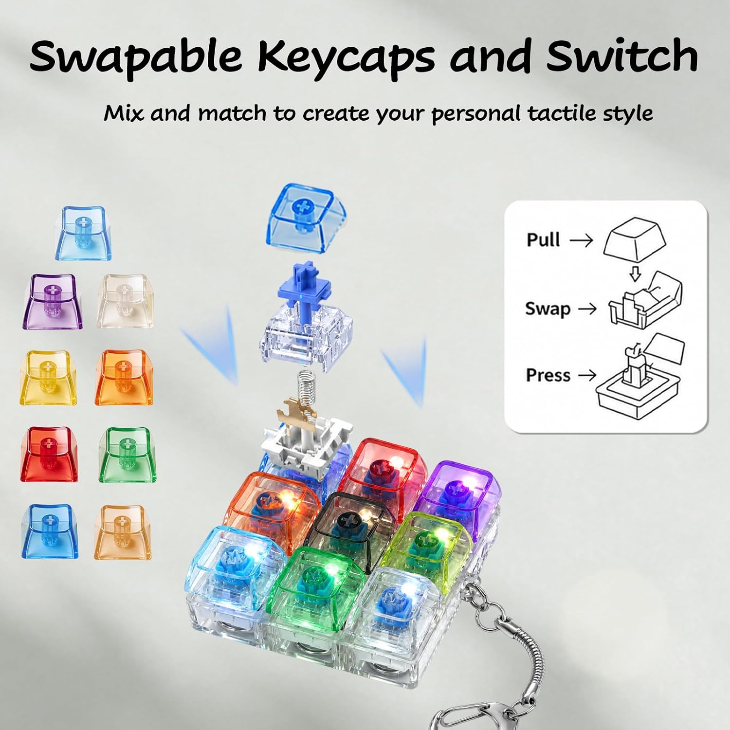 Keyboard Fidget Toy, 9-in-1 Keyboard Decompression Button Clicker Keychain, Portable Tactile Sensory Toys, Stocking Stuffers for Stress Relief, Autism, ASMR, Adults, Teens image 3