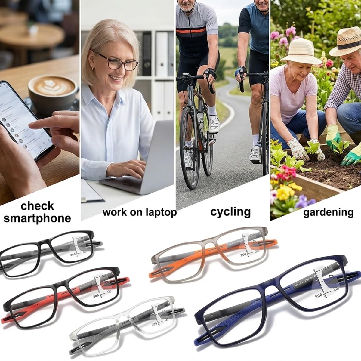 Generisch 3Pac Gleitsichtbrille Rechteck Progressive Multifokus Lesebrille Herren, Selbsttönende Gleitsicht Lesebrille Anti-Blaulicht Federscharniere, Photochrome Lesesonnenbrille TR90