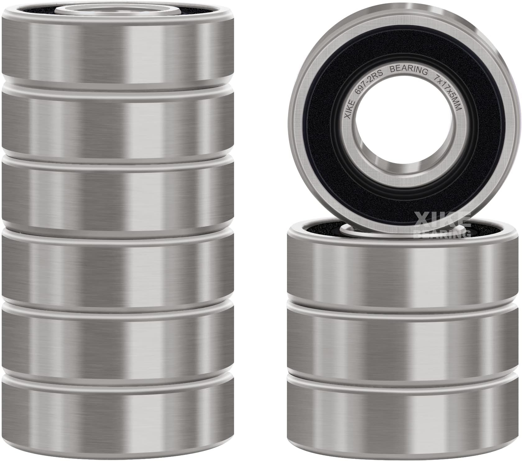 XIKE 697-2RS Sealed Ball Bearings 7x17x5mm, 697RS Deep Groove Ball Bearing with Double Rubber Seal and Chrome Steel, Pack of 10.