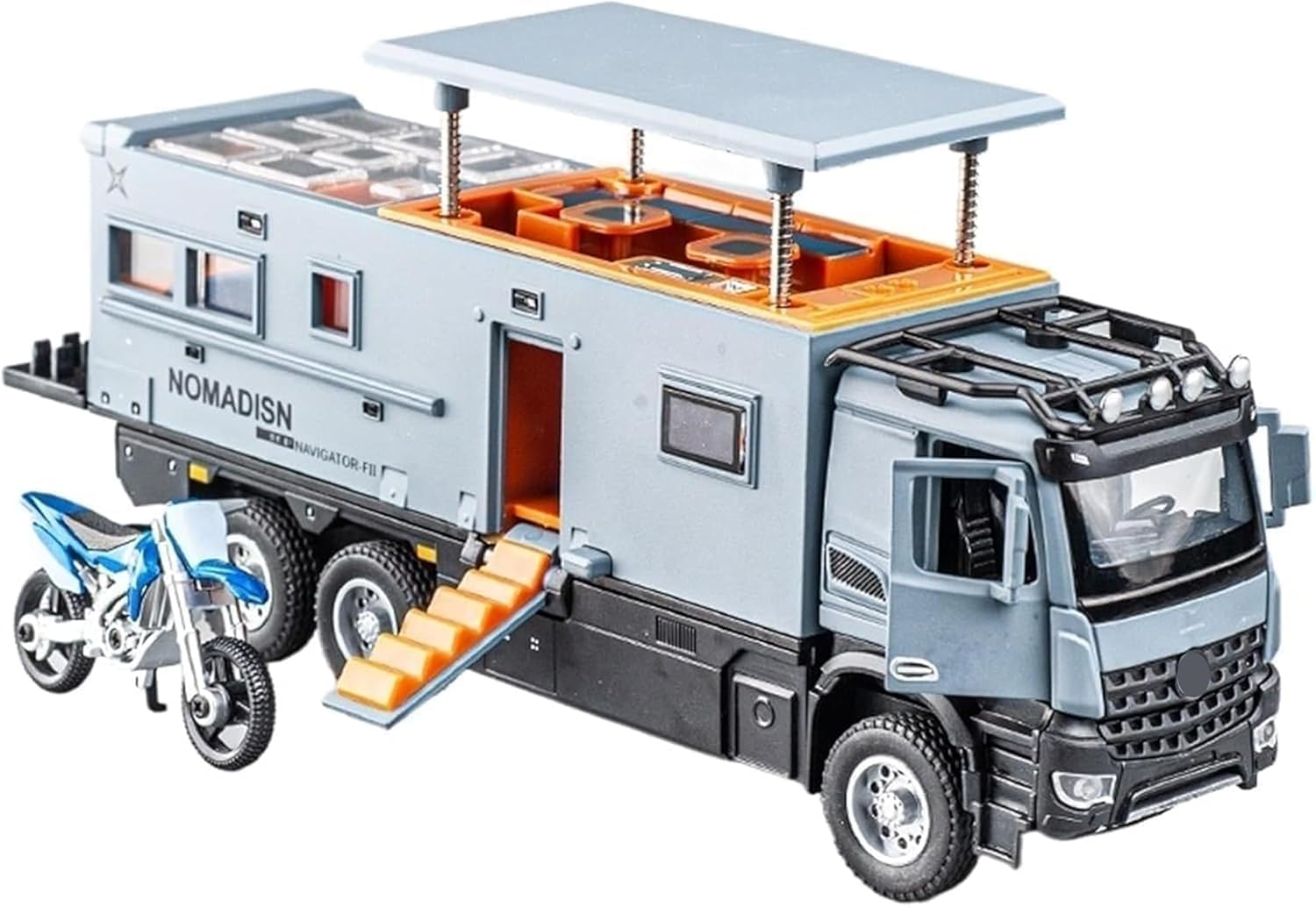 RVKE Toy Truck RV Camper Model with Opening Doors & Roof Lift Feature, Pull Back Action Vehicle, Removable Motorcycle, Die-Cast Adventure Truck Toy for Kids Boys & Girls-image-7