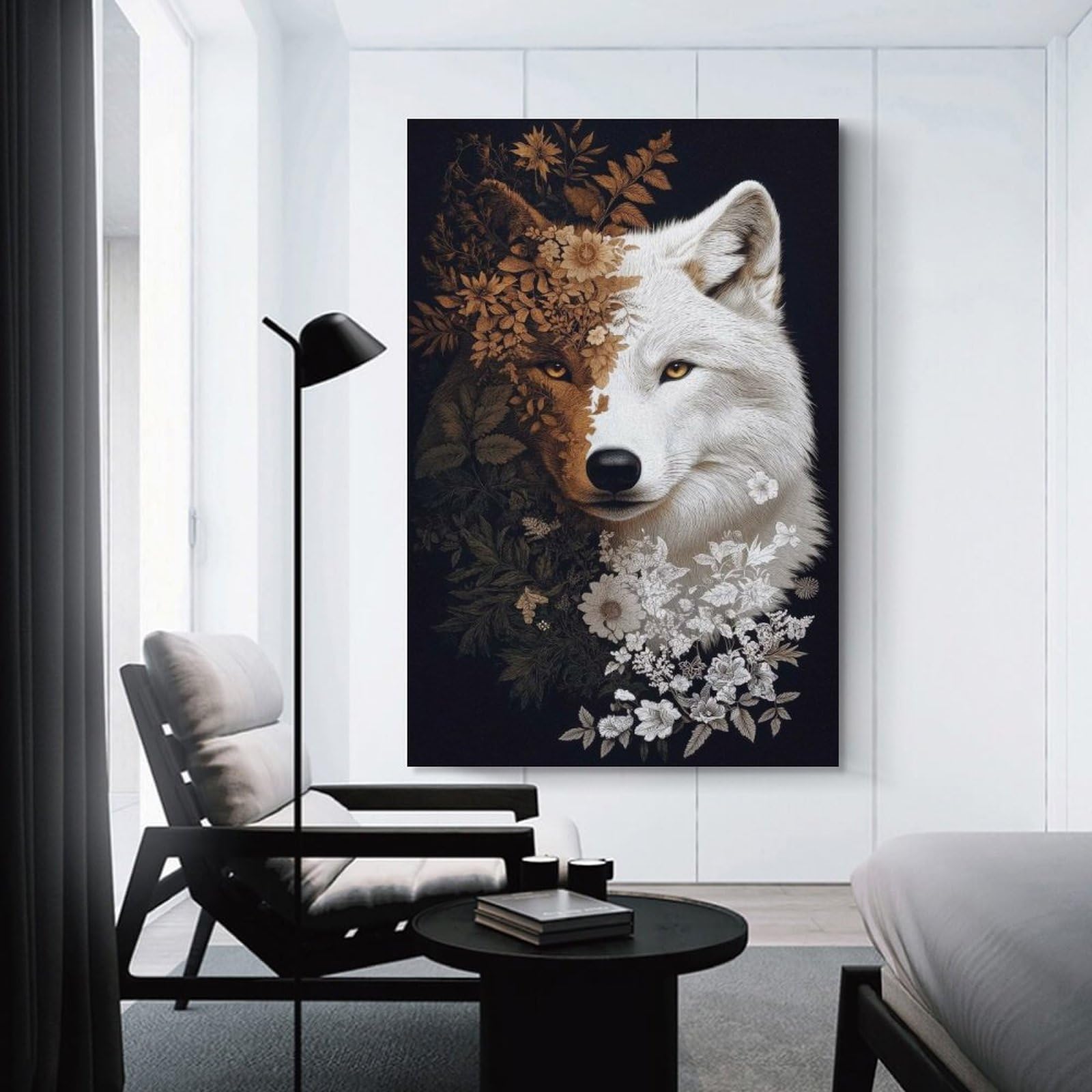Junmoney Floral Wolf Portrait Hanging Wall Art 16x24inch(40x60cm), for Study, Office Or Focused Interiors, Wall Art That Adds Style to Work Areas
