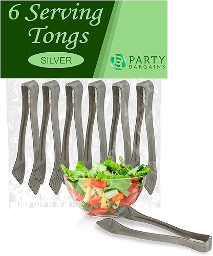 PARTY BARGAINS Pinzas de plástico para servir de 8.5 pulgadas, paquete de 6, pinzas de plástico plateado de alta calidad y resistentes para