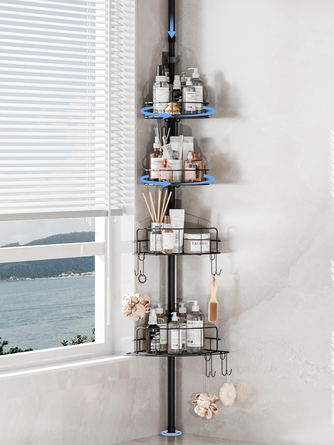 HOUSE AGAIN Corner Shower Caddy Tension Pole with Rotatable Shelves, 4 Ties Adjustable Shelves and 2 Hooks for Bathroom, Rustproof Shower Organizer and Storage, Pole Fit 43-114 Inch Height