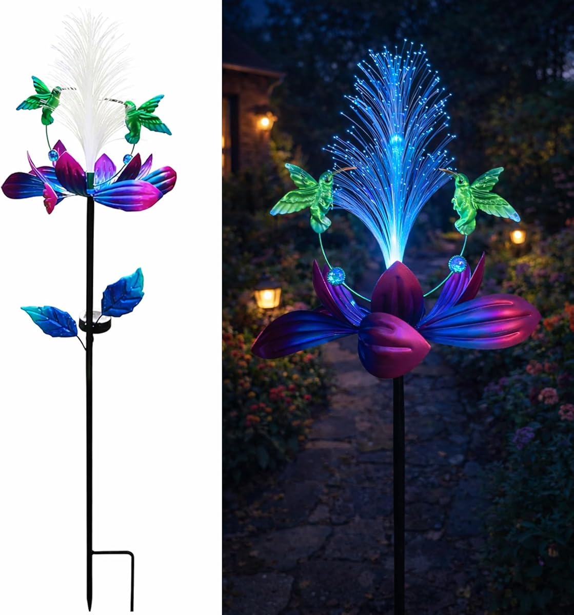 Molino de viento solar de colibrí para exteriores, 49 pulgadas, flor de loto, molino de viento de metal para jardín, para patio y fibra óptica que cambia de color, arte solar para patio, viento cinético, regalo para mujeres, regalo para el día de la madre