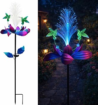 Solar Hummingbird Wind Spinner Outdoor 49 Inch Lotus Flower Metal Garden Windmill for Yard and Color Changing Fiber Optic Solar Yard Art Kinetic Wind Spinner Gift for Women Mothers Day Garden Gift