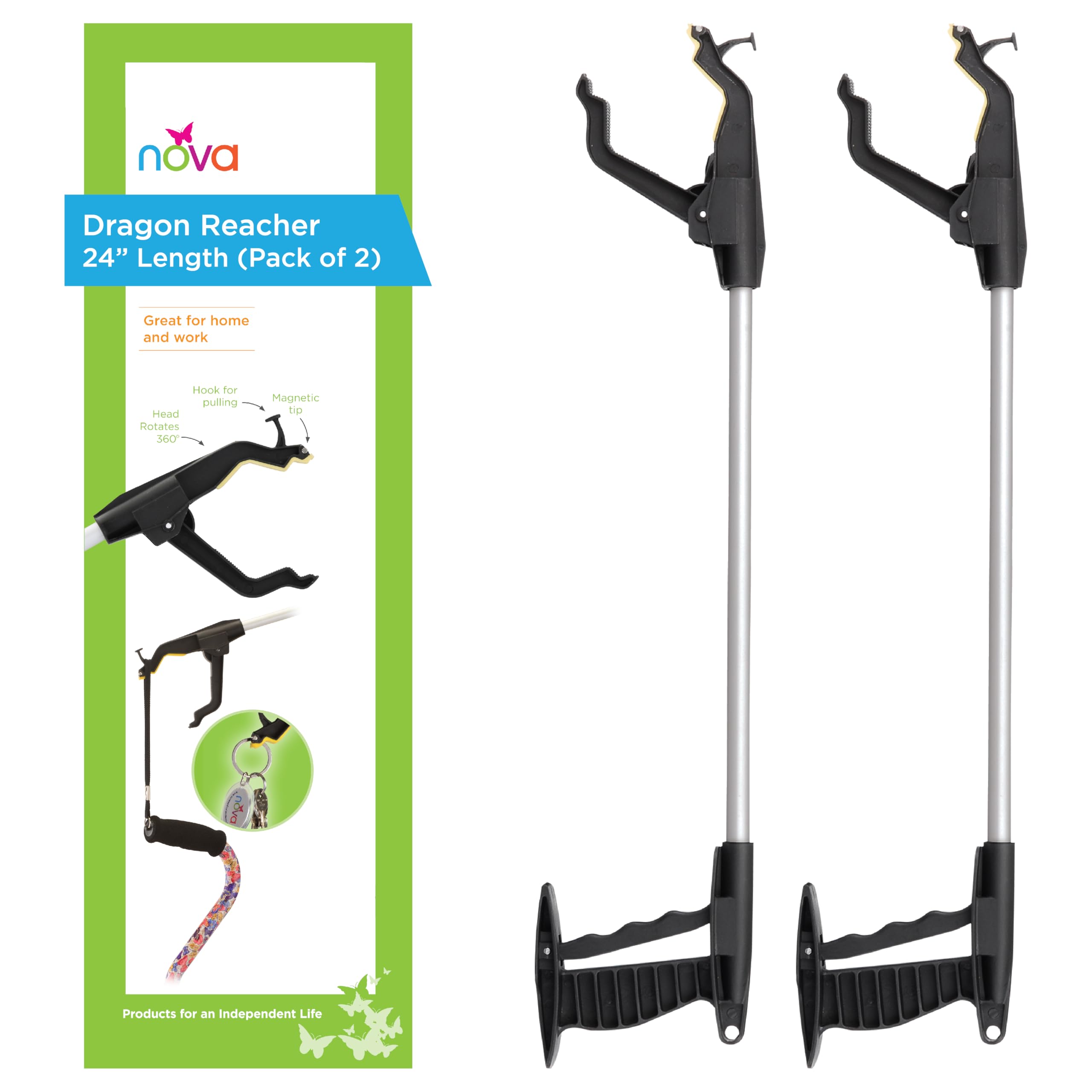 NOVA Reacher Grabber Tool for Seniors – 24” Lightweight Pick Up Stick with Rotating Claw, Magnetic Tip & Hook, Easy-Grip Handle, Daily Living Aid for Limited Mobility, 2-Pack