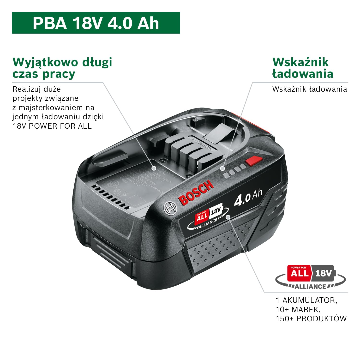 Bosch akumulator PBA 18 V 4,0 Ah W-C (system 18 V, akumulator 4,0 Ah, w kartonie)