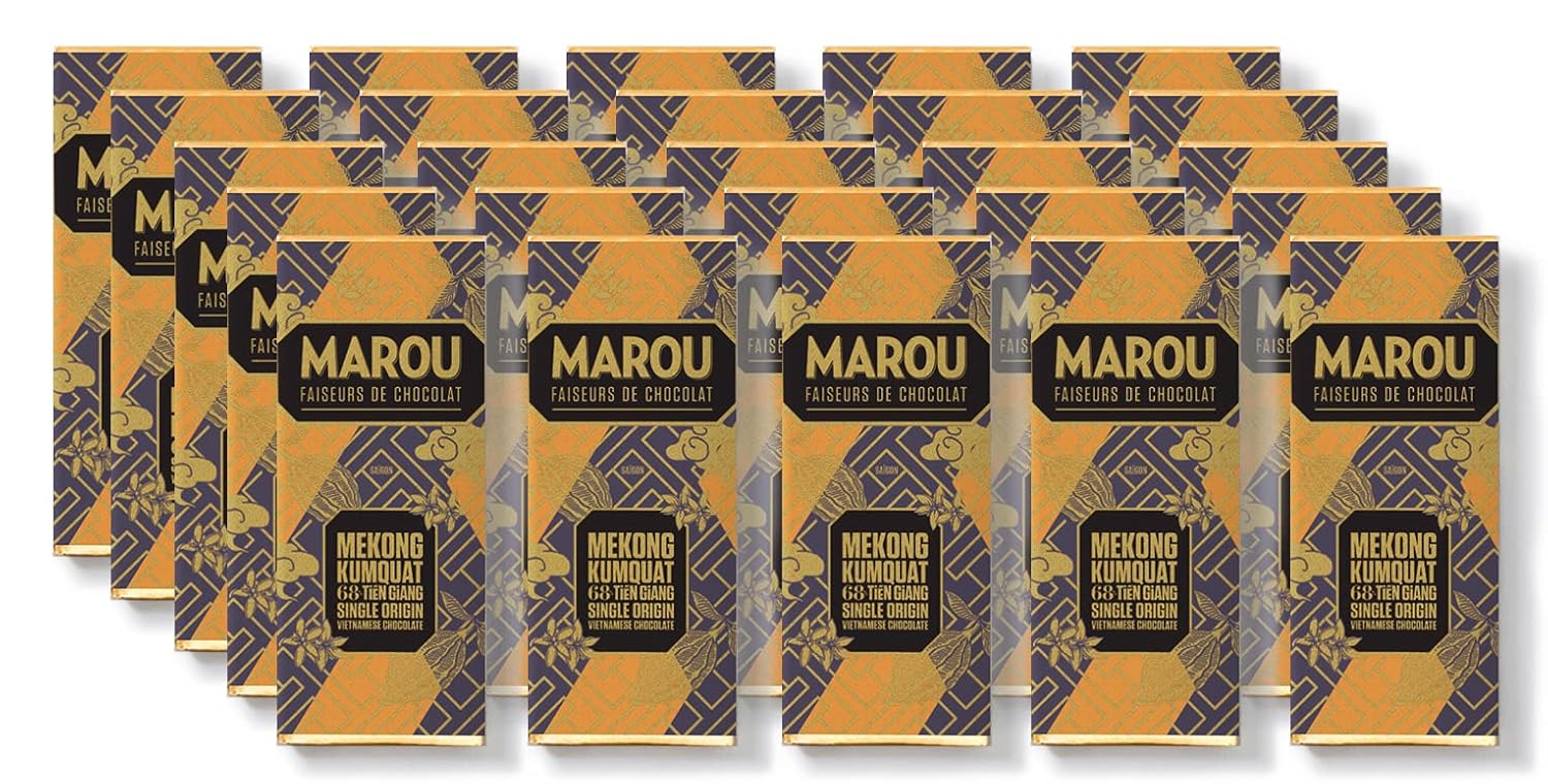 Marou Origin Plus Tien Giang Mekong Kumquat 68% Cacao Dark Chocolate Case Pack of 25 | Vietnam Single Origin, Dairy Free, Gluten Free, Soy Free | 25 x 24g Mini Bar