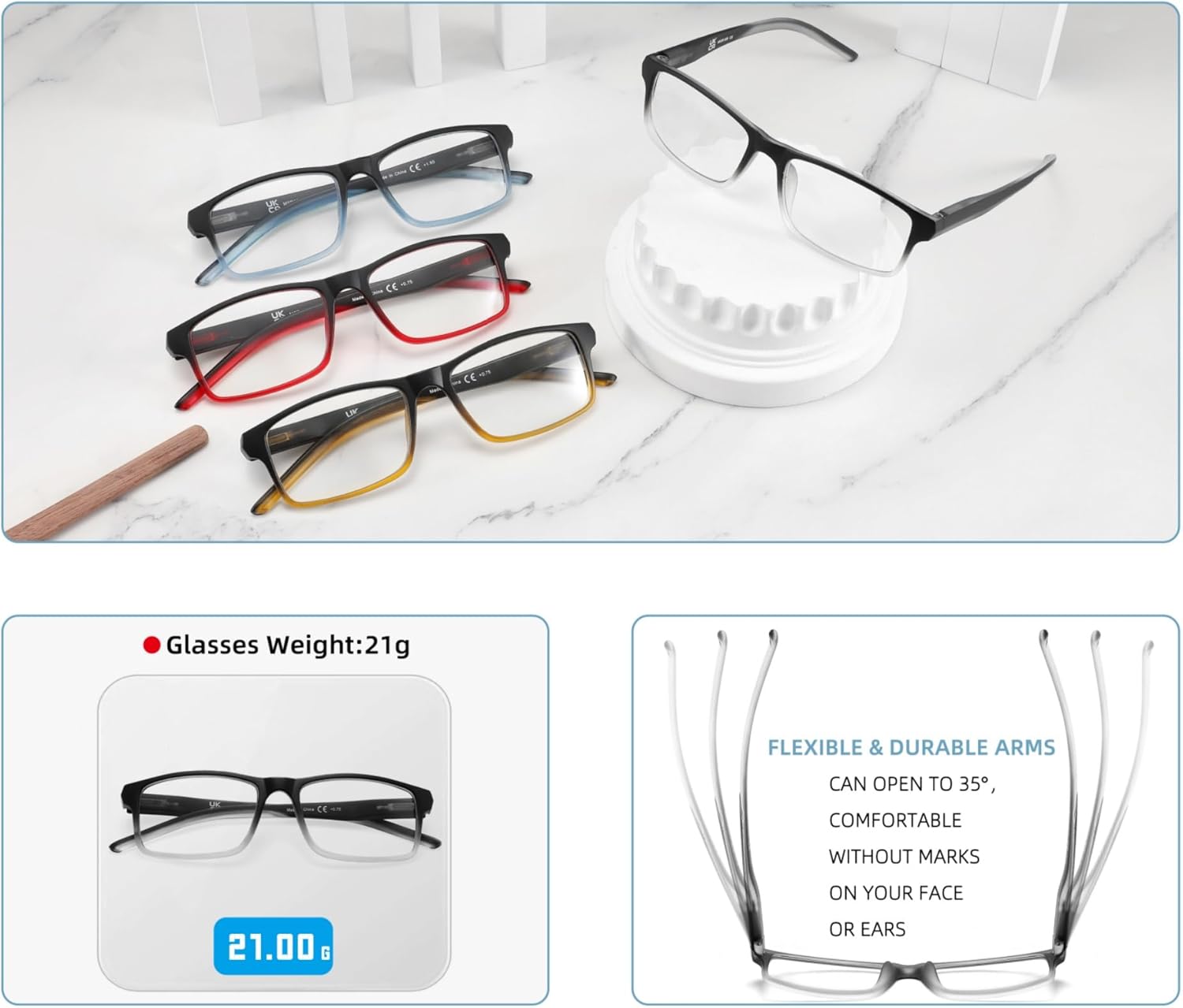 MODFANS Reading Glasses 4 Pack, Blue Light Blocking Readers, Anti Glare, UV Protection, Lightweight Comfortable Unisex Two-Tone Frames with Spring Hinge, Rectangular Design 2.0 - Image 7