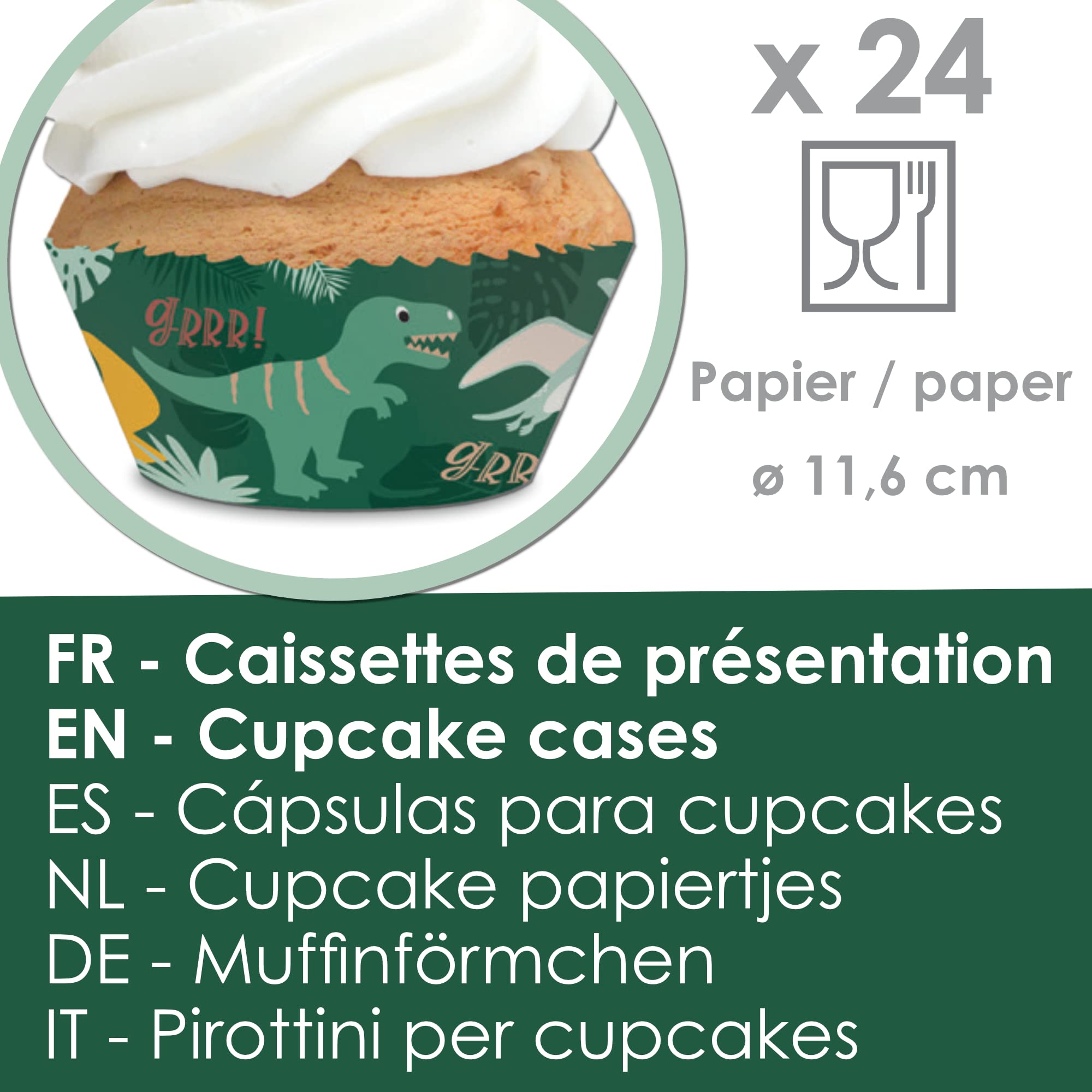 ScrapCooking - Zestaw 24 foremek i topperów do babeczek - Motyw Dino - Dekoracje do ciast, deserów, ciast, ciastek, urodzinowych - Wzór ciasta