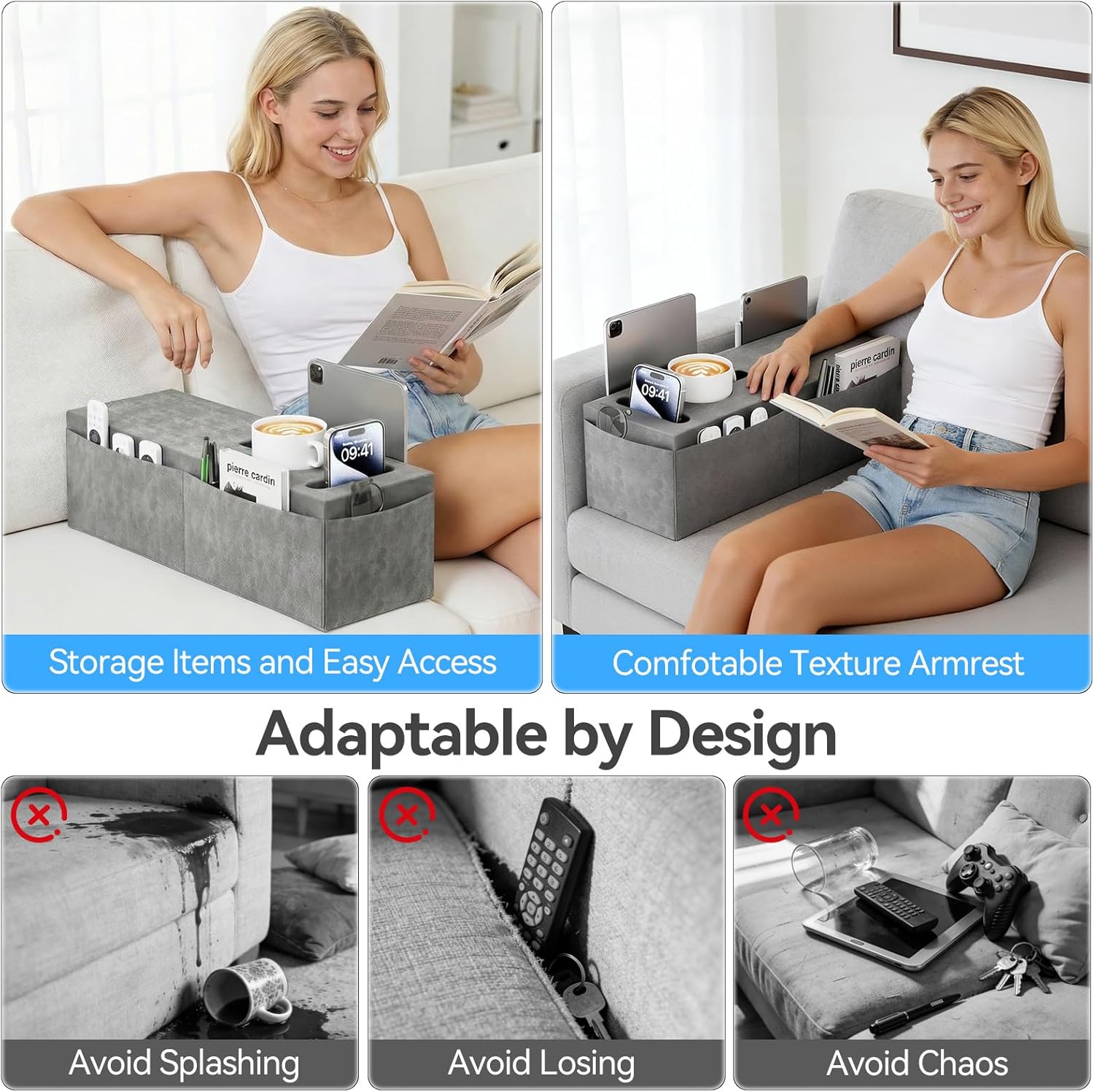 Couch Armrest Caddy with Cup Holder, Portable Sofa Armrest Pillow Drink Holder Table Tray with 5 Large Side Storage Pockets, Portable Sofa Rrmrest for Reading & Bed Rest Pillows Armrest- 1 Pack - Image 5