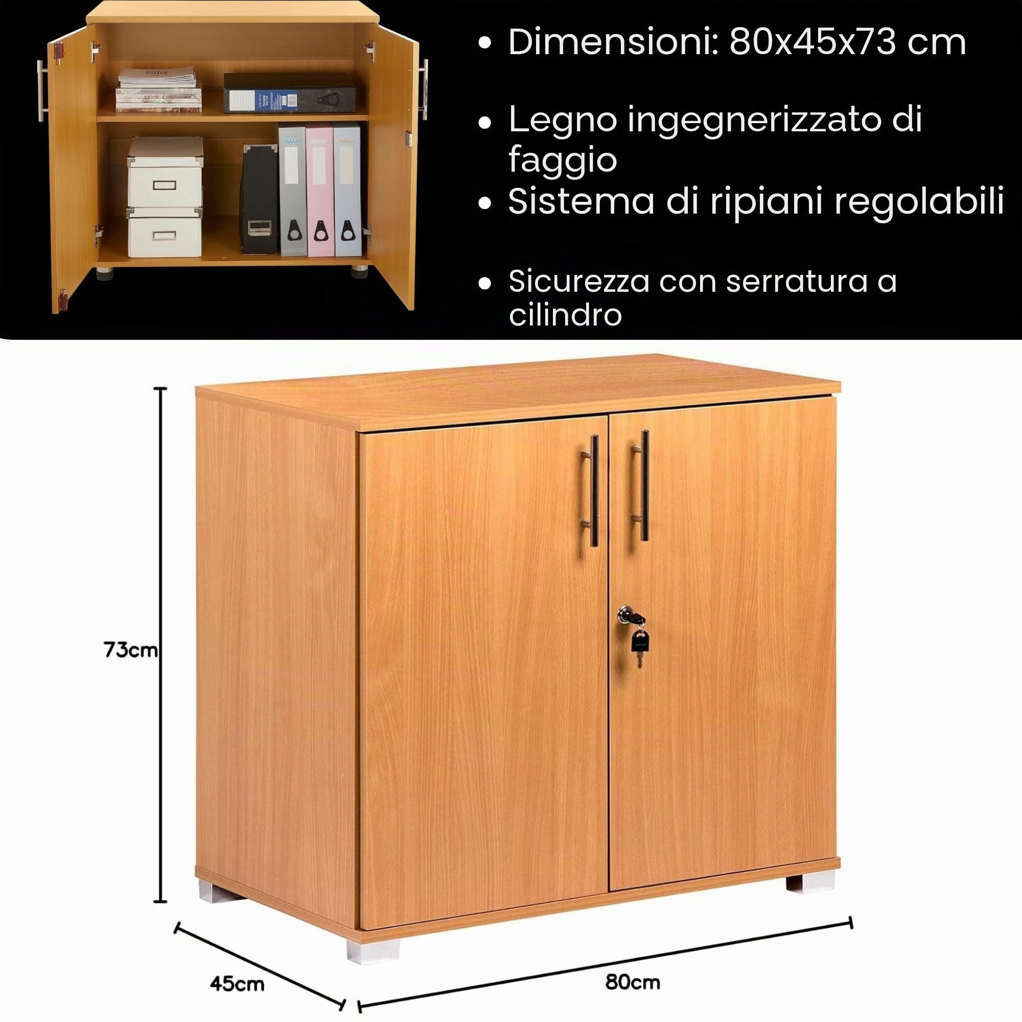 Credenza da ufficio in faggio, altezza scrivania, libreria a 2 ante con serratura, altezza 75 cm, estensione per scrivania
