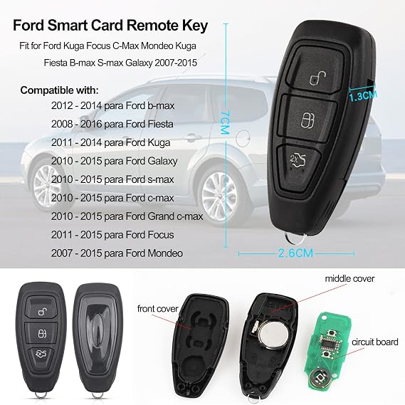 3 Buttons Smart Full Remote Car Key Fob Shell with 433MHz 4D63 Chip | Remote Key Shell Case, For F0Rd Fiesta Focus Kuga Grand S-Max C-Max Mondeo Galaxy Monde 2007-2015 KR55WK48801