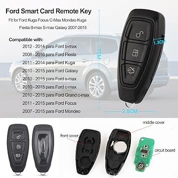 3 Buttons Smart Full Remote Car Key Fob Shell with 433MHz 4D63 Chip | Remote Key Shell Case, For F0Rd Fiesta Focus Kuga Grand S-Max C-Max Mondeo Galaxy Monde 2007-2015 KR55WK48801