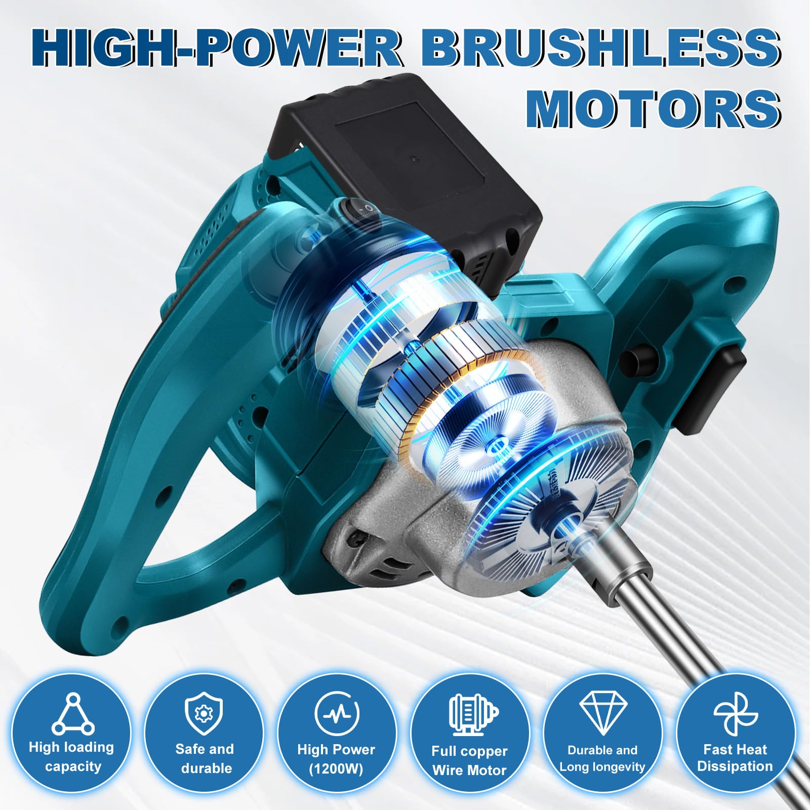 Miscelatore per Malta con 2 Batterie, Miscelatore Elettrico Professionale, Agitatore da 1200 W, Miscelatore per Cemento a 6 marce, Interruttore Bloccabile, ergonomico, Miscelatore industriale
