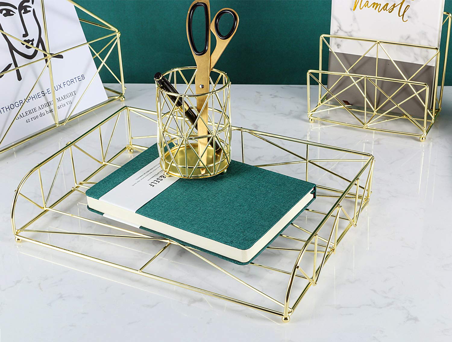 Simmer Stone Desk Organizer Set, 4 in 1 Decorative Desk Accessories Organizer, File Holder, Letter Sorter, Desk Tray and Pen Holder, Gold