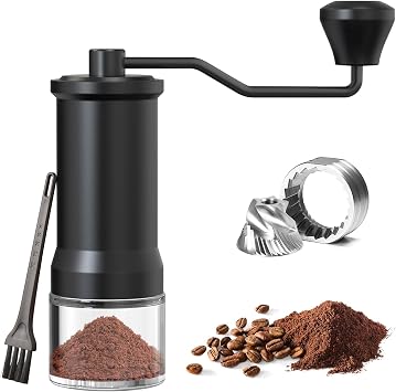 Stainless Steel Burr Manual Coffee Grinde   Hand Coffee Bean Grinder with Dual Bearings, Adjustable & Precise Grind, Glass Jar & Travel Pouch, Portable for Home & Travel   Black