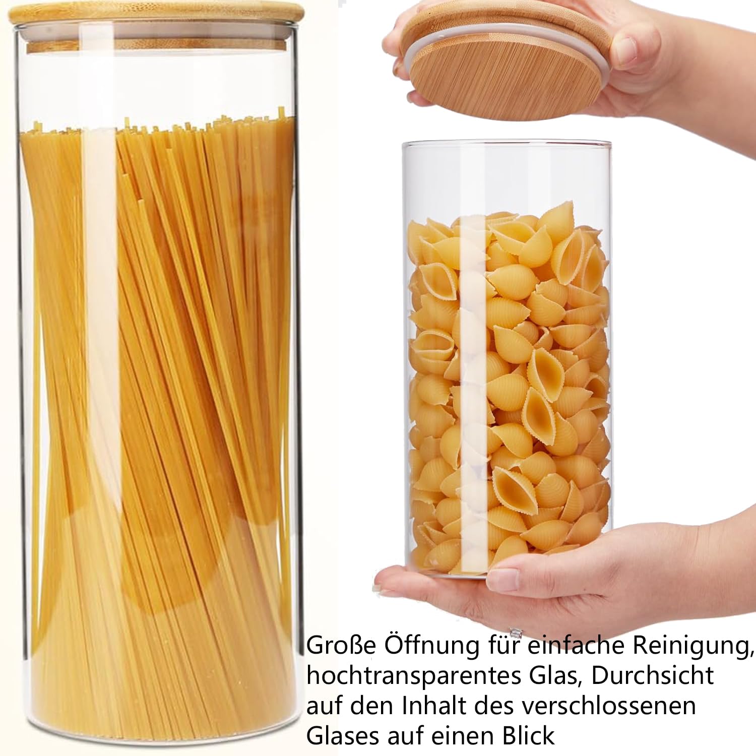 Set 4 Barattoli In Vetro Borosilicato Con Coperchio In Bambù - Ermetici 1150 Ml - Per Conservare Pasta, Farina, Legumi, Snack