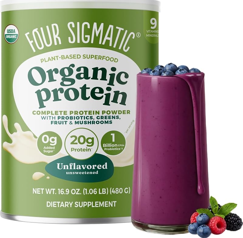 Four Sigmatic Organic Plant-Based Protein Powder | Clean Vegan Protein Elevated with Lion’s Mane, Chaga, Cordyceps and More for Brain Function and Immune Support | Unflavored, 16.9 oz