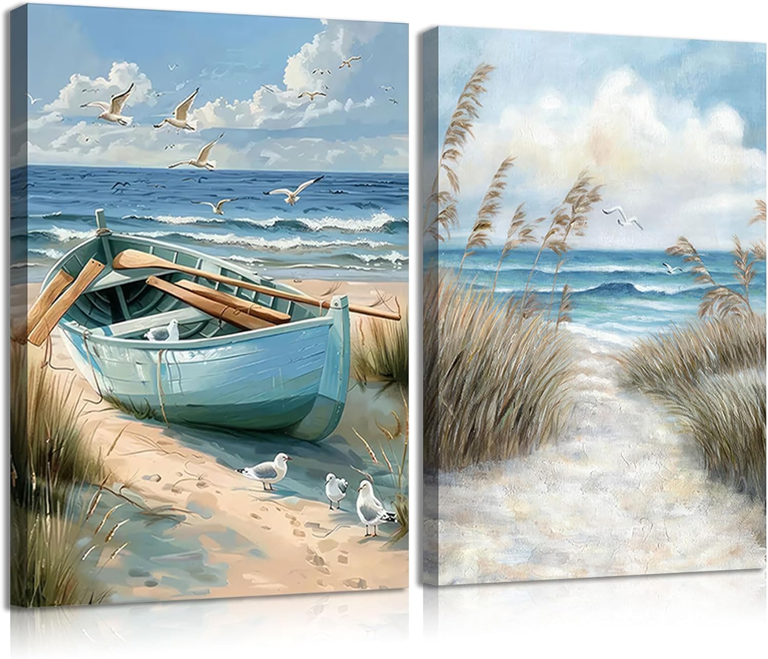 2Pcs Blue Coastal Canvas Wall Art Beach Boat Posters Prints Ocean Seaweand Seagul Pictures Bathroom Seascape Painting Seacoast Theme Wall Decor for Bedroom Living Room Sea View Room 12x16in Framed Canvas 16L" x 12W"
