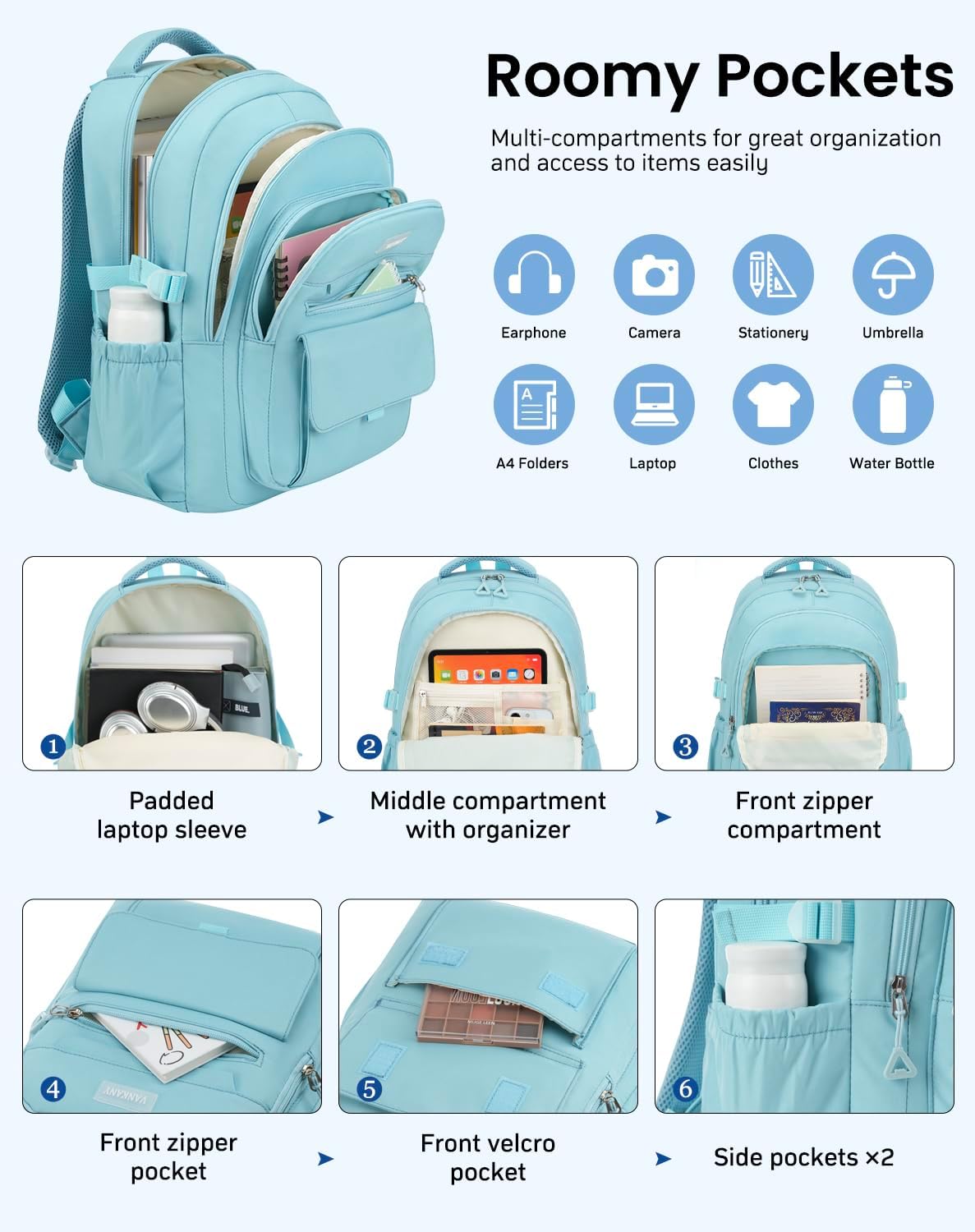 Teen Girls School Backpack, Aesthetic Bookbag for Middle High School, College Women Students Laptop Backpack Mochilas Escolares, Blue - Image 2