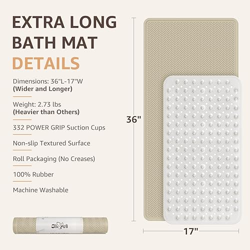 Miniatura 7 de Bligli Tapete antideslizante para bañera, extra largo de 16.9 x 36 pulgadas, con ventosas fuertes, tapete de ducha de goma suave para baño, duradero
