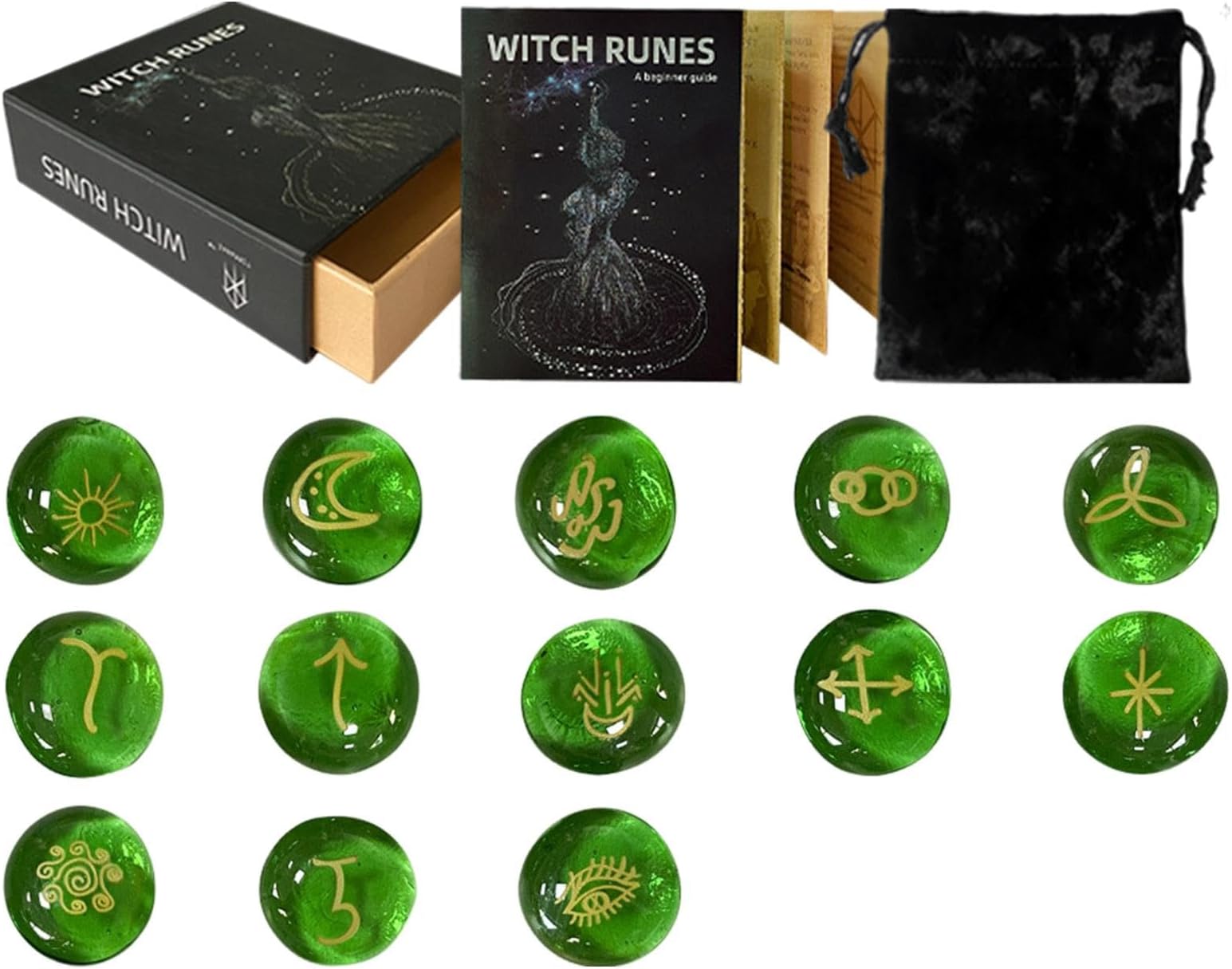 Green Rune Stones | Glass Rune Stones | Witches Rune Set | Healing Rune's Stones, Velvet Rune's Bag, Decorative Rune's Stone, Recovery Runes Set, Runes Stone with Book, Runes Set for Divination