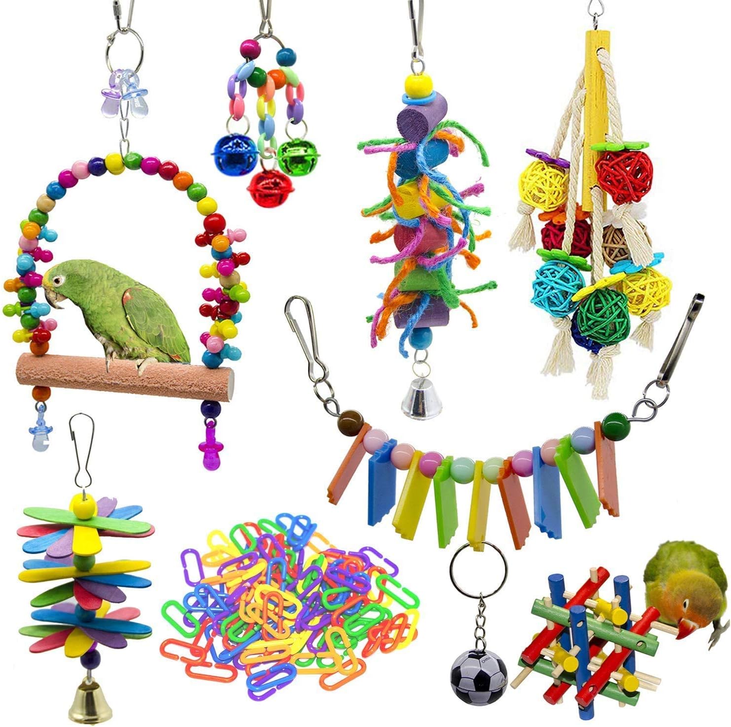 ZYP 8 Packs Bird Swing Chewing Toys, Parrots Hammock Hanging Bell Puzzle Cage Toy for Conure, Cocaktiel, Parakeet, Budgie, Macaws Love Bird