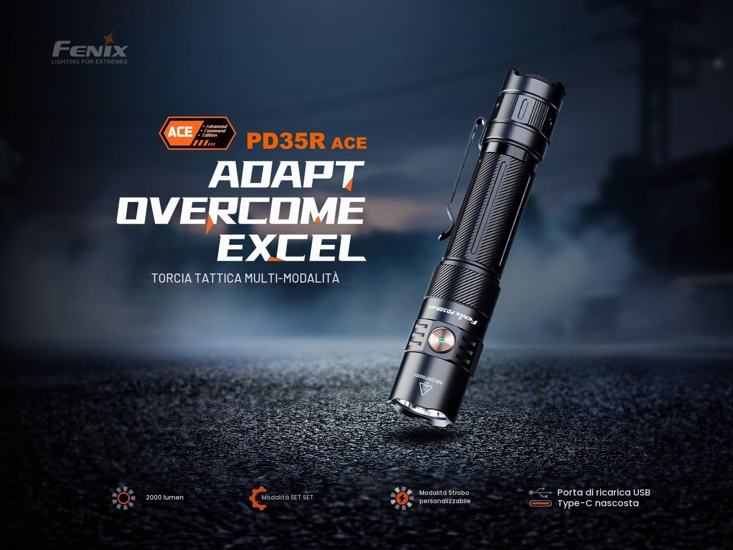 Fenix PD35R ACE - Torcia LED estremamente luminosa, ricaricabile, 2000 lumen, USB-C, 380 m, IP68, impermeabile, piccola lampada tattica, 720 ore massimo, EDC, portatile, per esterni, campeggio