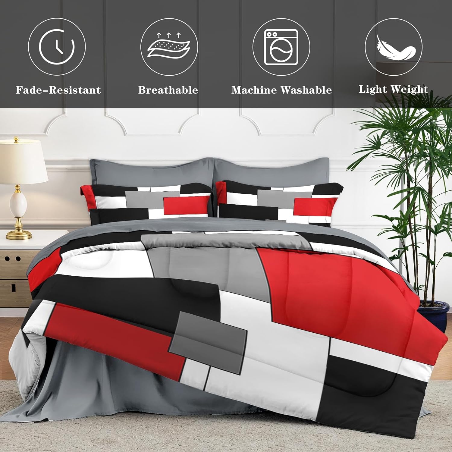 WeCozy 7 Pcs Full Size Comforter Set with 2 Pillowcases & 2 Shams, Red and Black Geometric Bedding for Kids and Adults, Abstract Gray Bed in a Bag with Flat Fitted Sheet