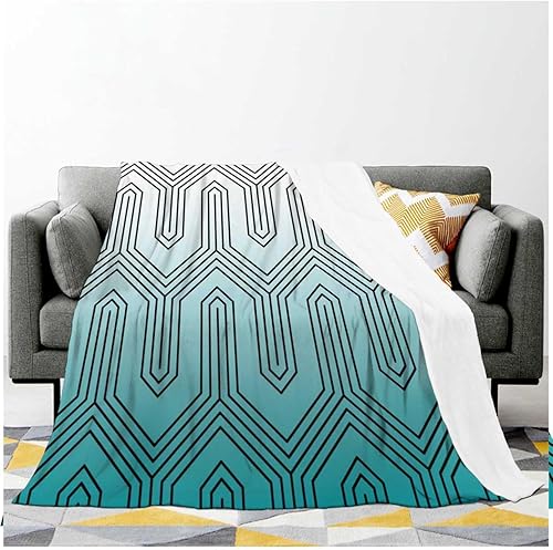 Miniatura 2 de Fleece Throw Blankets White Cyan Gradient Abstract Geometric Lines Manta para Sofa Couch, Bed, Sofa, Chair 30inch X 40inch