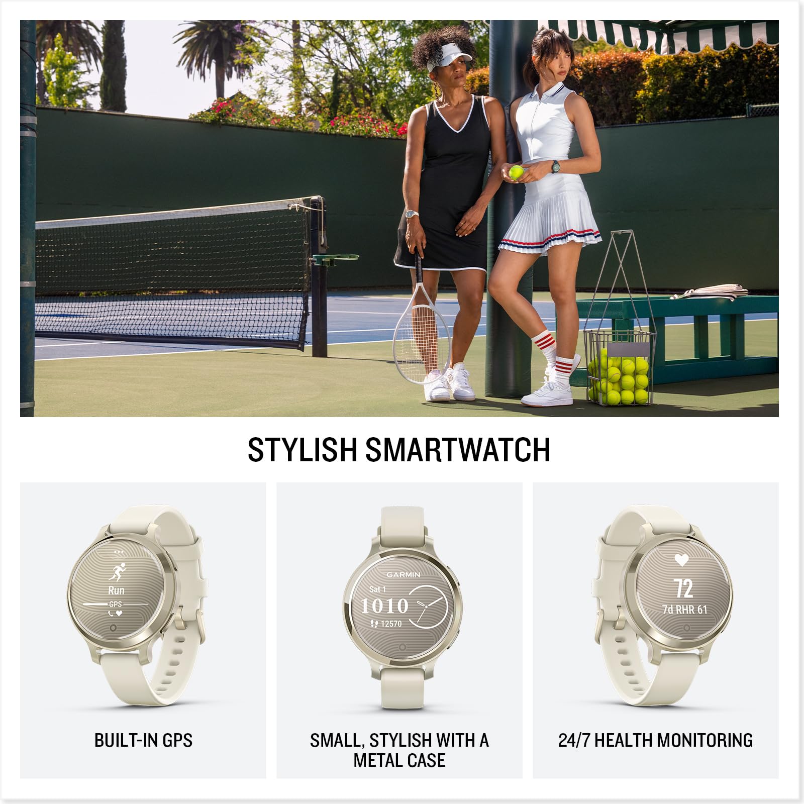 Garmin Lily® 2 Active, Small and Stylish Smartwatch, Built-in GPS, Hidden Display, Patterned Lens, Up to 9 Days Battery Life, Lunar Gold with Bone Silicone Band