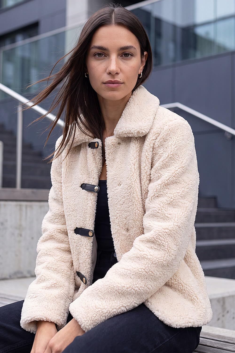 Roman Originals Textured Borg Collared Jacket for Women UK - Ladies Everyday Autumn Winter Round Neckline Comfy Soft Evening Vacation Work Party Night Out