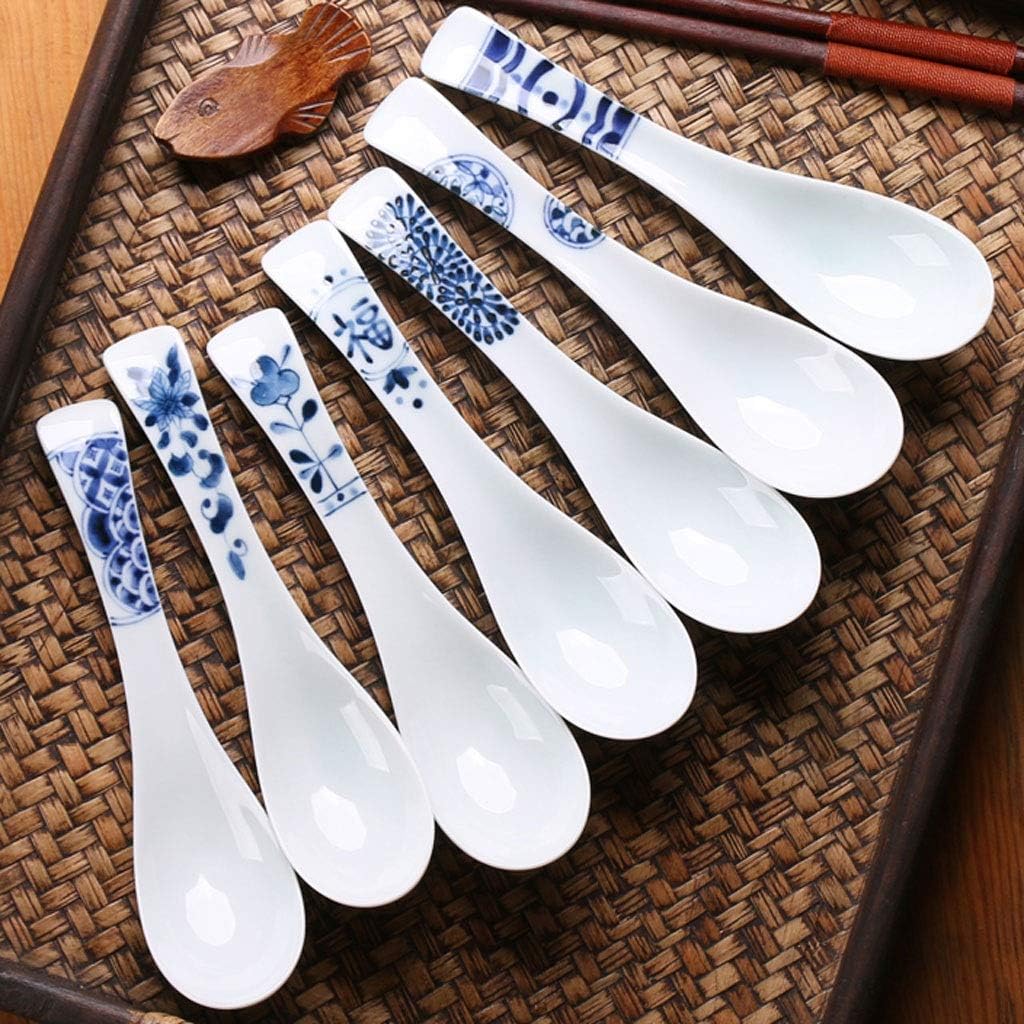 Tablespoons Ceramic Soup Spoon Japanese Style Extended Noodle Soup Spoon Tableware Porcelain Soup Spoon 6.7 Inches Long Serving Spoon (B)