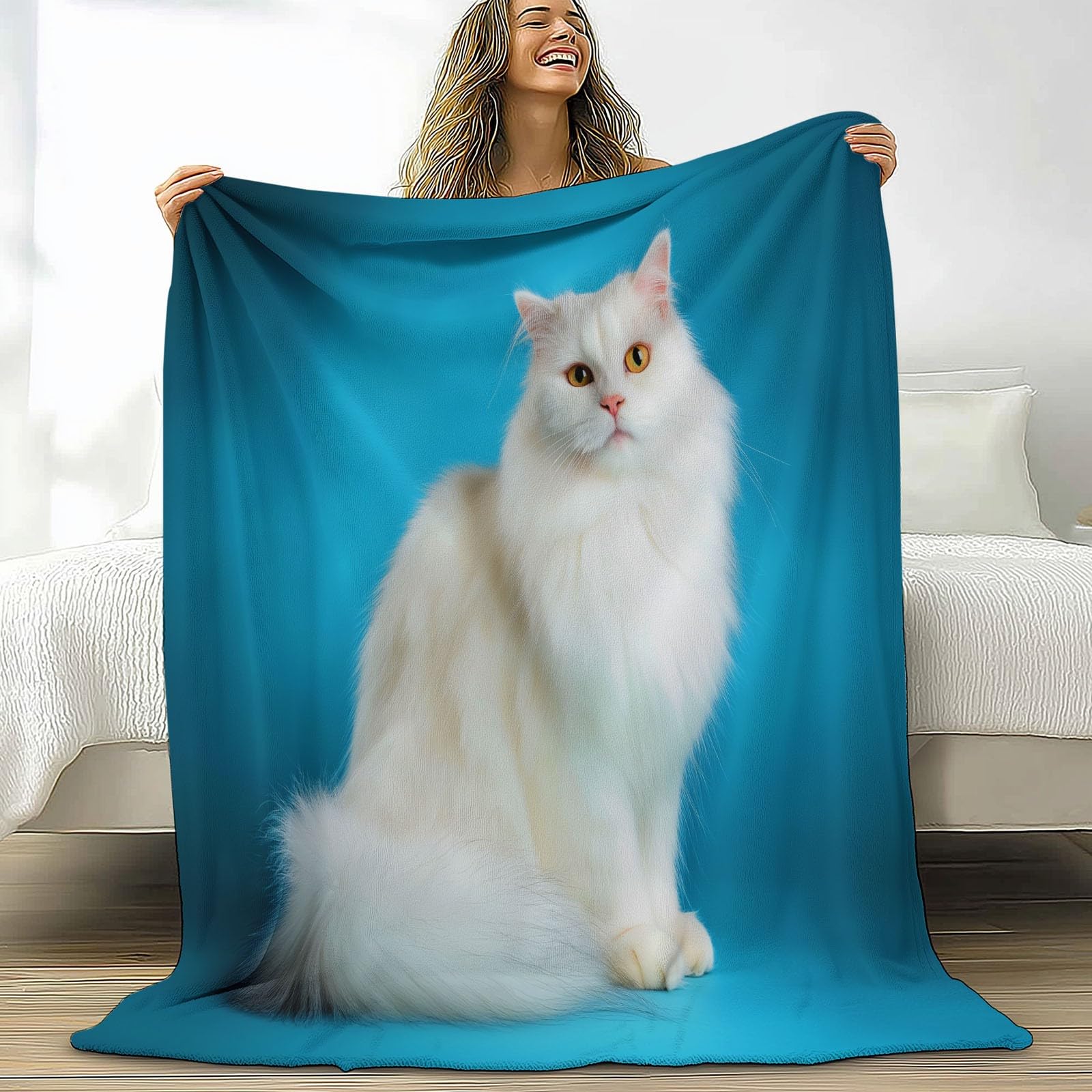 Couverture polaire chat blanc 150x200 cm plaid en flanelle bleue jeté de lit hiver