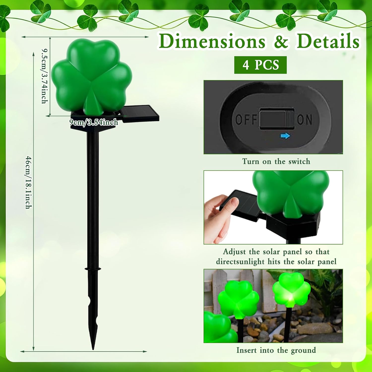St Patricks Day Solar Lights Outdoor, 4 Pcs Waterproof Solar Green Shamrock Lights Outdoor Green Light for Saint Patricks Day Decorations Outside Garden Yard Lawn