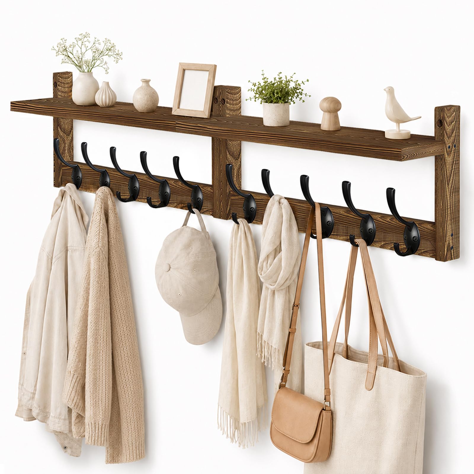 Coat Rack Wall Mounted, 87cm Wooden Extra-Long Wall Hook Rack with Shelf, Set of 2 Coat Hooks with 10 Hooks for Hanging Coats Hats Scarves, Rustic Coat Hanger Hook Rail for Entryway Bedroom and Closet