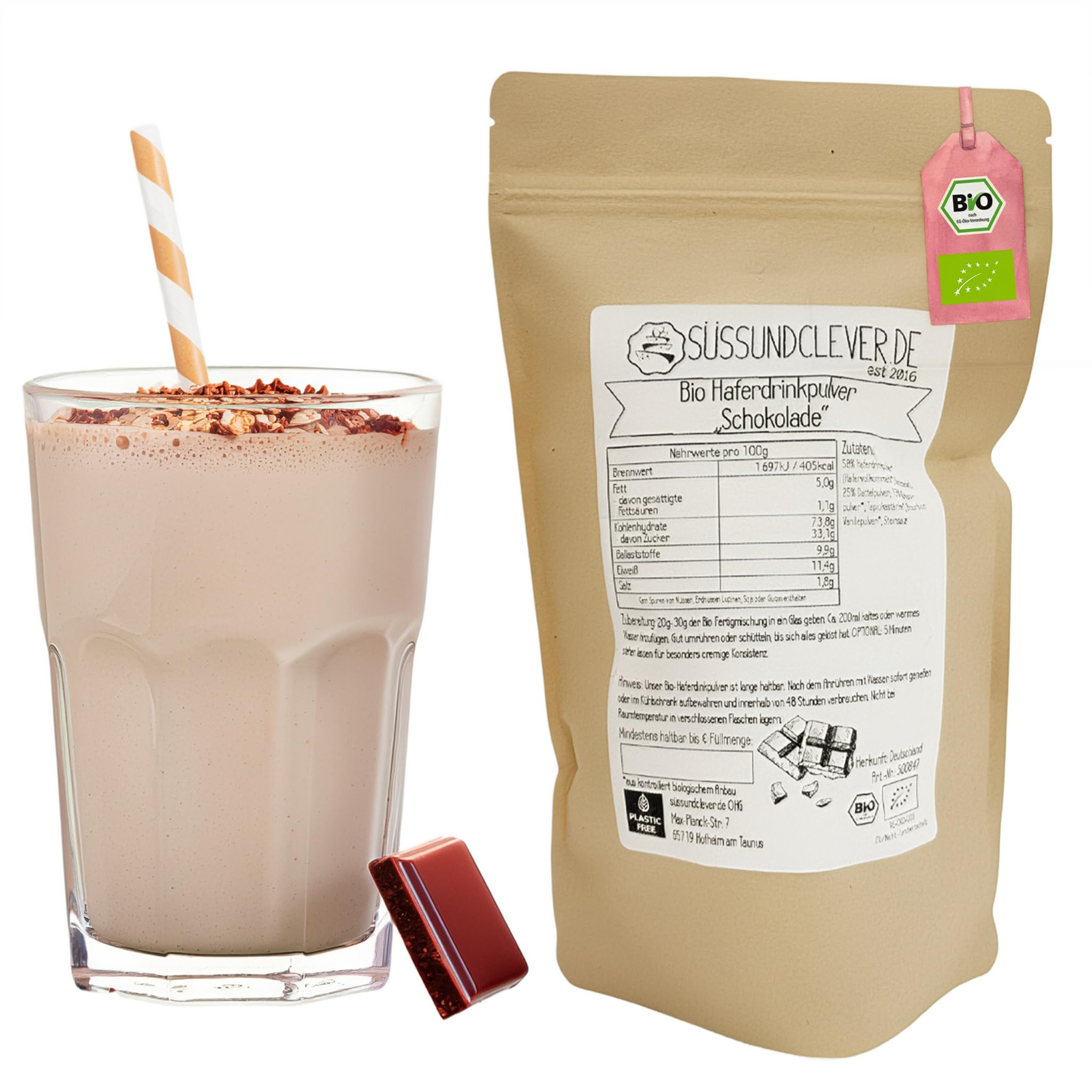 süssundclever.de® Bio Haferdrinkpulver Schokolade | 800g | mit Dattelsüße | vegan | 8l Haferdrink Schokolade | Ohne Zuckerzusatz oder Aromen | Vegane Schokomilch | Hafer-Kakao