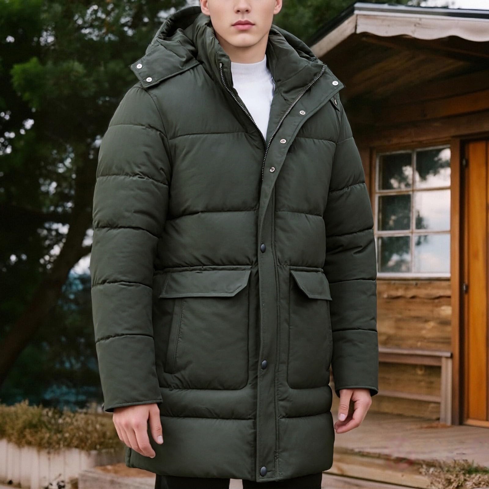 Piumino lungo da uomo con cappuccio imbottito invernale caldo giacche con tasche multiple antivento impermeabile full zip up parka leggero a maniche lunghe giacche da trekking all'aperto