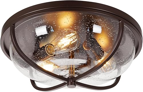 Miniatura 11 de Lámpara de techo de montaje empotrado grande de 16 pulgadas con vidrio semillado, pantalla de lámpara de techo redonda de veta de madera, grano de