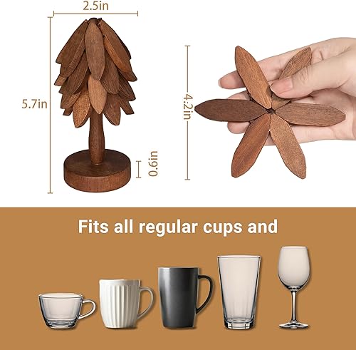 Miniatura 6 de Yuoyar Posavasos, Madera en forma de árbol Sapeli de madera posavasos de bebida conjunto para mesa de café, decoración de mesa de cocina