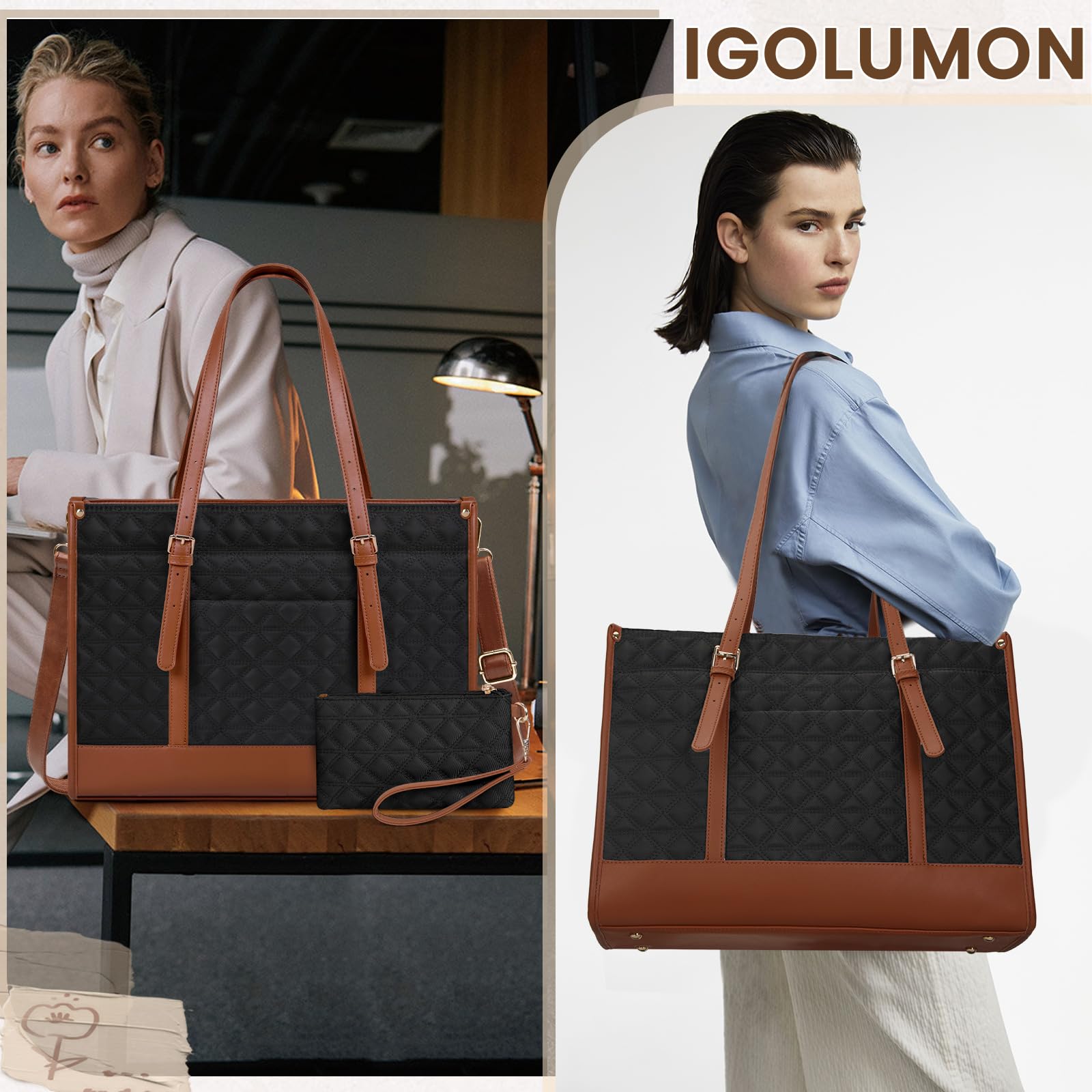 IGOLUMON Laptop Bag for Women 15.6 Inch Vegan Leather Work Tote Bag Quilted Womens Briefcase Designer Laptop Bags for Office Teacher College Cute Computer Bag with Purse Professional Black with Brown