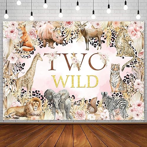 AIBIIN Telón de fondo bohemio de safari dos salvajes para niñas, animales de la selva, decoraciones de fiesta de segundo cumpleaños, flores rosas,